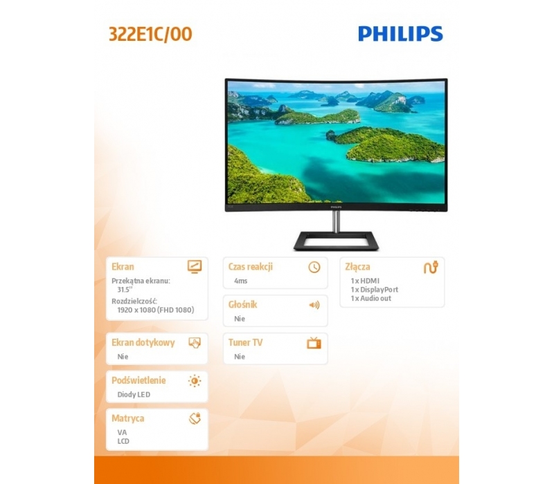 254198 Monitor 31.5" VA Philips 322E1C/00 1920x1080  16:9 Czarny