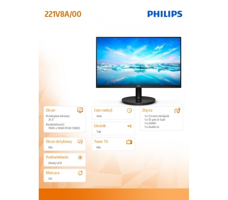 254220 Monitor 21.5" VA Philips 221V8A/00 1920x1080  16:9 Czarny