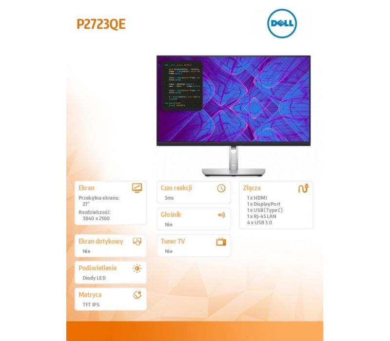 255073 Monitor 27" IPS Dell 210-BDFZ 3840x2160 16:9 Srebrny