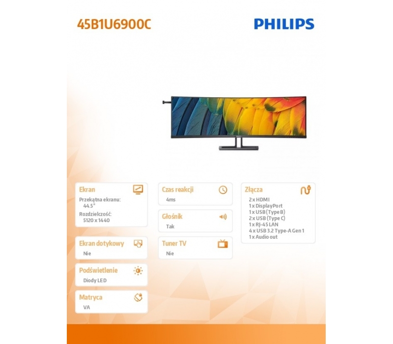 255718 Monitor 44.5" VA Philips 45B1U6900C/00 5120x1440 32:9 Czarny