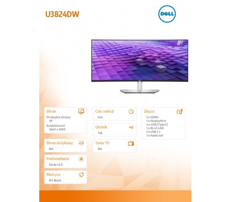 256255 Monitor 38" IPS Black Dell 210-BHXB 3840x1600 21:9 Czarny