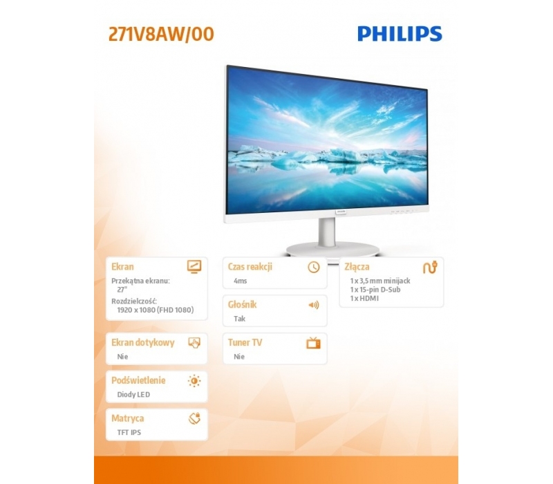 256988 Monitor 27" IPS Philips 271V8AW/00 1920x1080  16:9 Biały