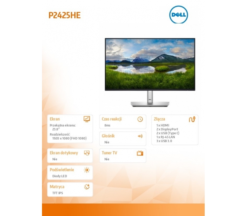 258041 Monitor 23.8" IPS Dell 210-BMJB 1920x1080  16:9 Srebrny