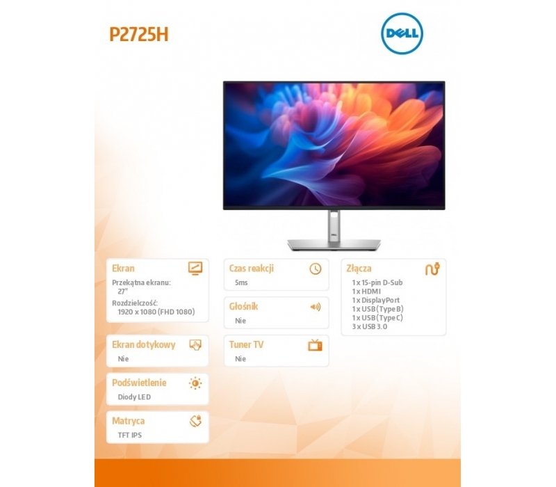 258300 Monitor 27" IPS Dell 210-BMGC 1920x1080  16:9 Czarny