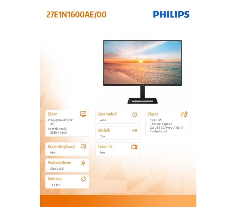 258418 Monitor 27" IPS Philips 27E1N1600AE/00 2560x1440 16:9 Czarny