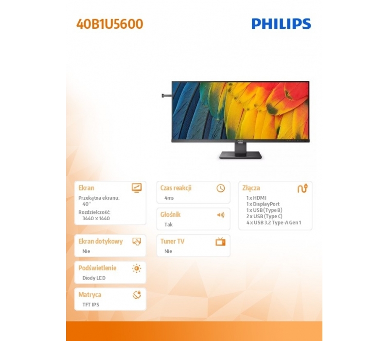 260195 Monitor 40" IPS Philips 40B1U5600/00 3440x1440 21:9 Czarny