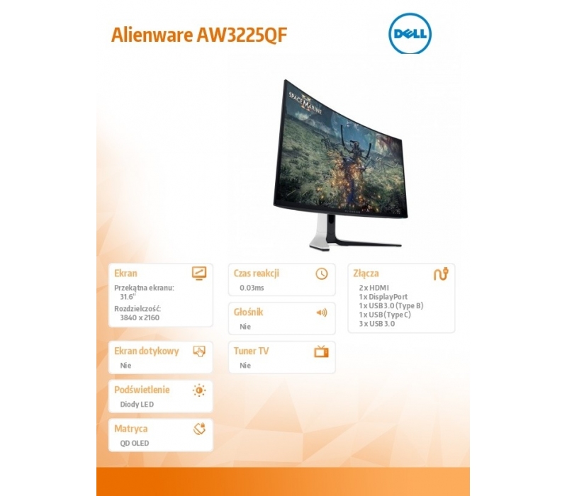 260331 Monitor 31.6" QD OLED Dell 210-BLLV 3840x2160 16:9 Czarny