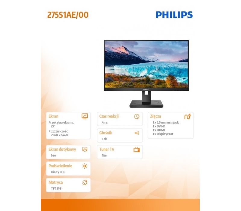 264072 Monitor 27" IPS Philips 275S1AE/00 2560x1440 16:9 Czarny