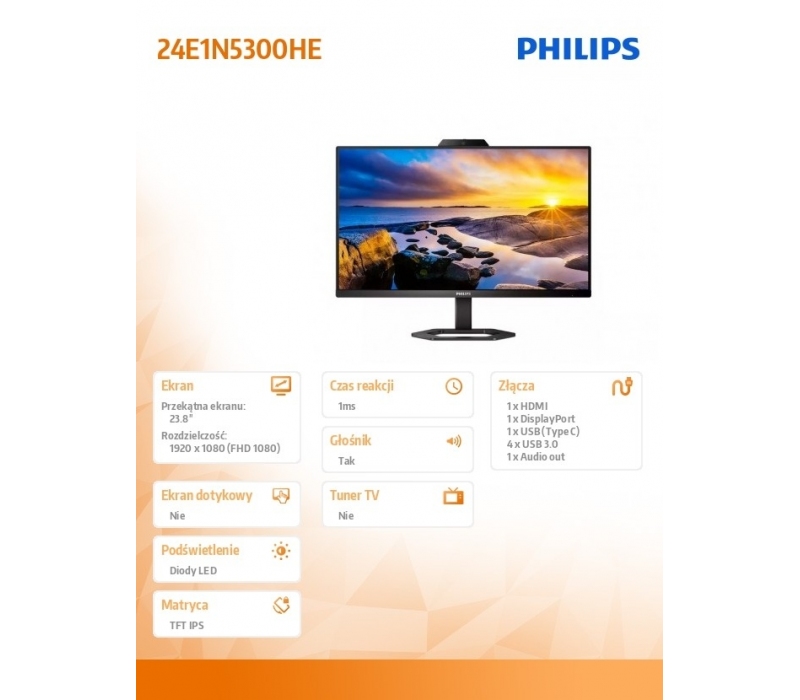 268576 Monitor 23.8" IPS Philips 24E1N5300HE/00 1920x1080  16:9 Czarny