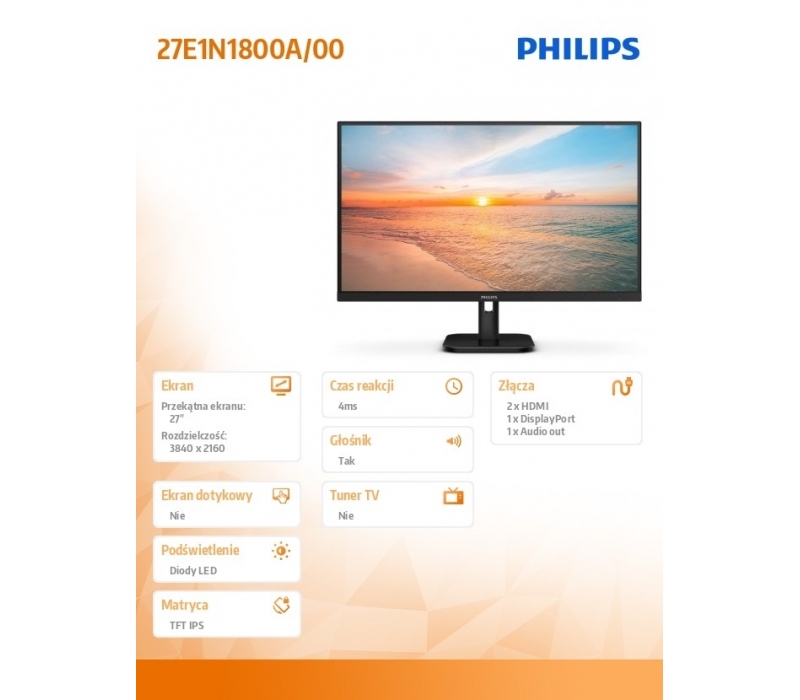 270223 Monitor 27" IPS Philips 27E1N1800A/00 3840x2160 16:9 Czarny