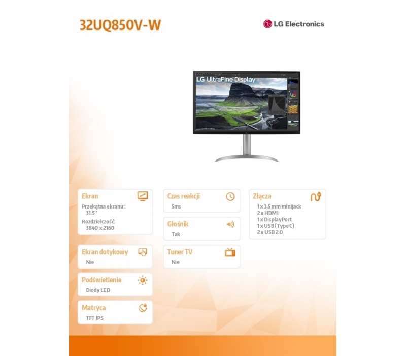 272925 Monitor 31.5" IPS LG Electronics 32UQ850V-W 3840x2160 16:9 Srebrny