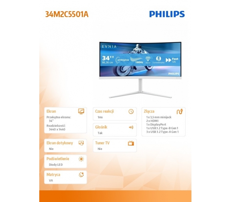345062 Monitor 34" VA Philips 34M2C5501A/00 3440x1440 21:9 Biały