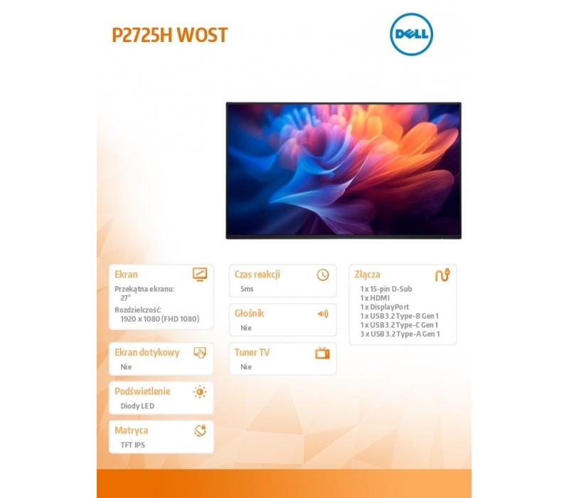 346045 Monitor 27" IPS Dell 210-BMGD 1920x1080  16:9 Czarny