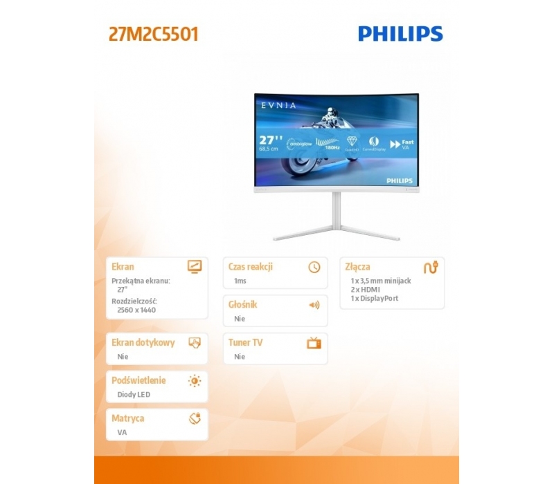 412250 Monitor 27" VA Philips 27M2C5501/00 2560x1440 16:9 Biały