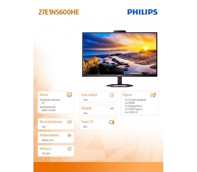 441908 Monitor 27" IPS Philips 27E1N5600HE/00 2560x1440 16:9 Czarny