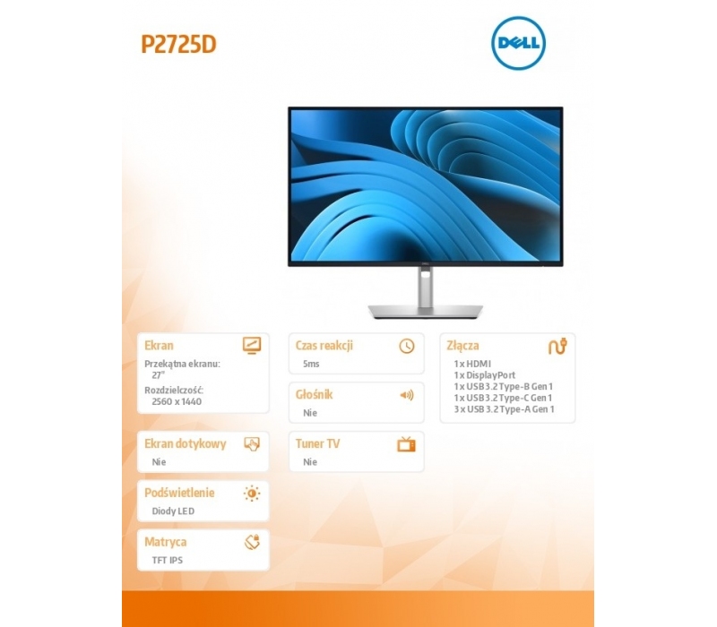 447753 Monitor 27" IPS Dell 210-BRDL 2560x1440 16:9 Czarny