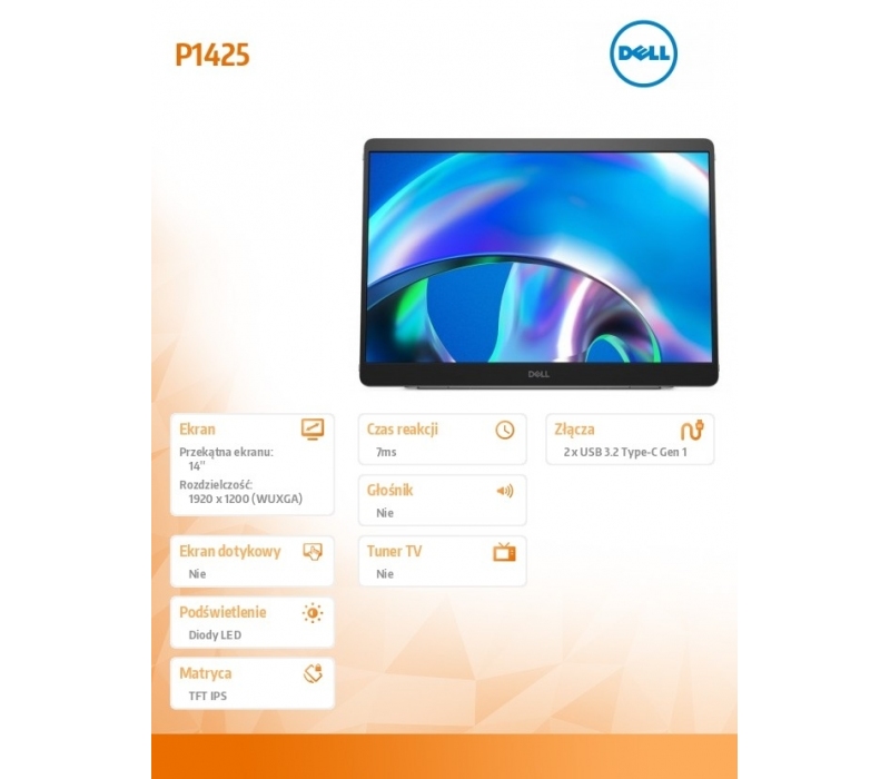 453200 Monitor 14" IPS Dell 210-BQTB 1920x1200  16:10 Czarny