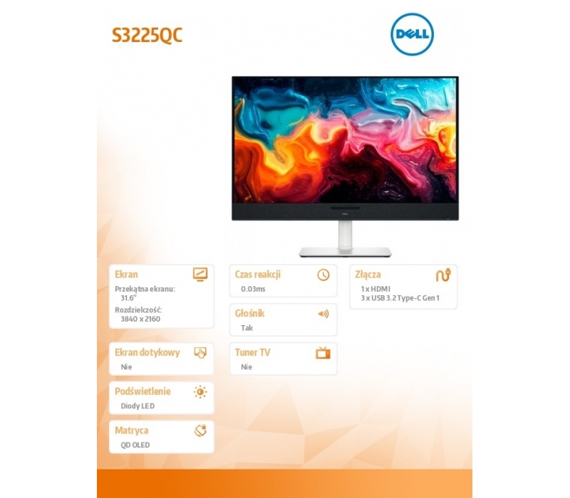 453250 Monitor 31.6" QD OLED Dell 210-BRVT 3840x2160 16:9 Czarny