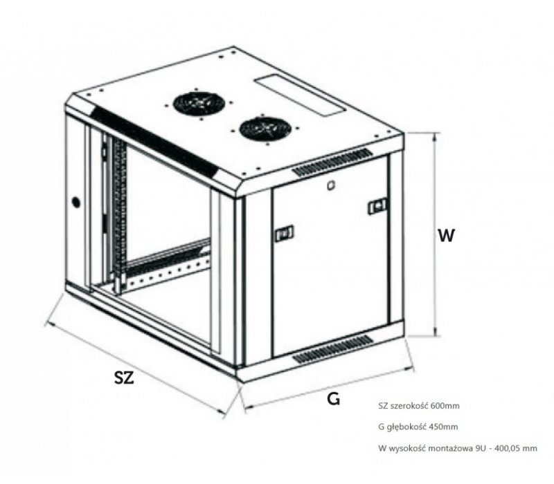 455142 Extralink Szafka wisząca rack 9U 600x450 czarna szklane drzwi 