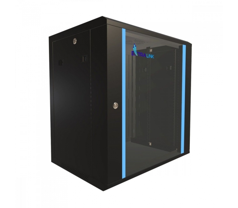 455287 Extralink Szafka wisząca rack 12U 600x450 czarna szklane drzwi 
