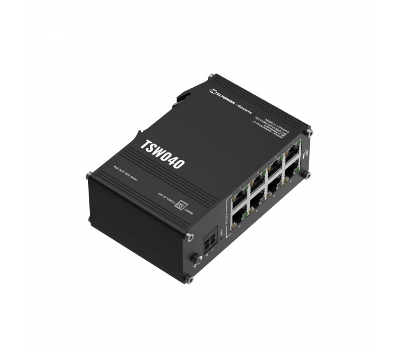 464630 TELTONIKA Przełącznik niezarządzalny Industrial switch TSW040 8xPoE+, 8x10/100 Eth, DIN 