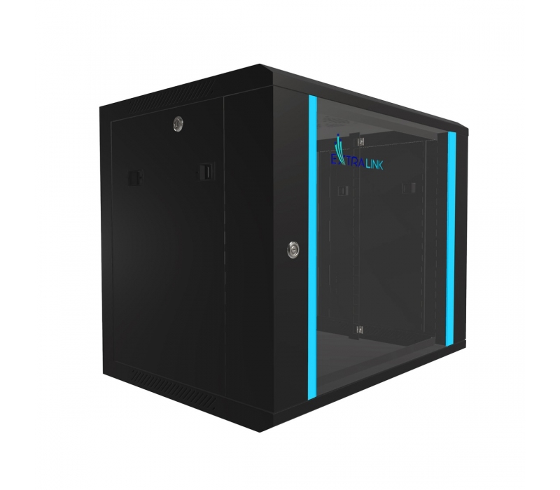 465211 Extralink Szafka wisząca rack 9U 600x450 czarna szklane drzwi 