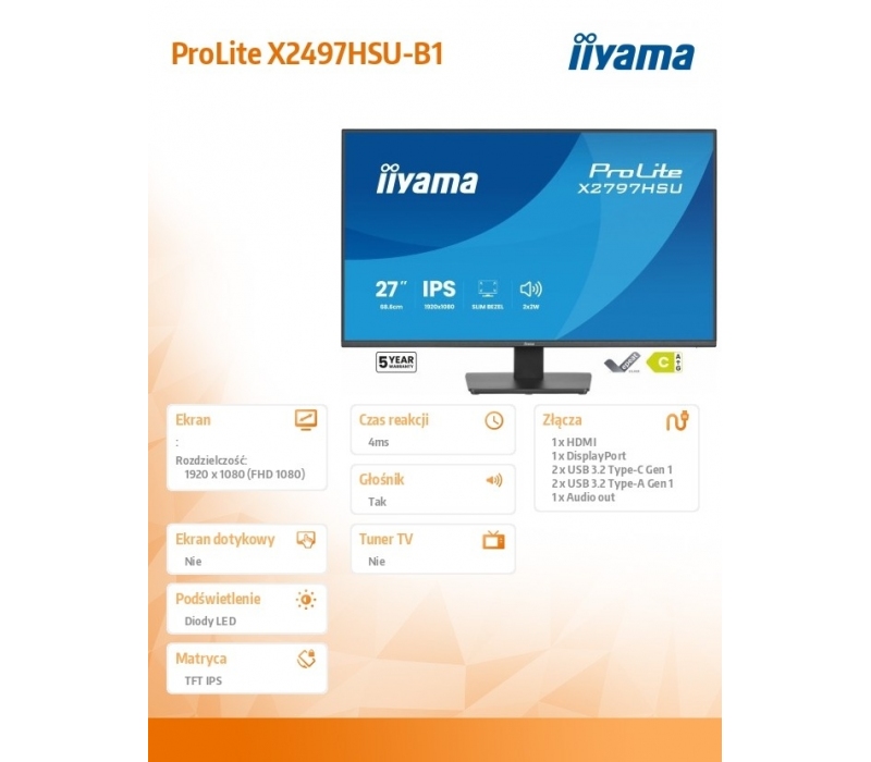 466435 Monitor  ProLite 27 cali X2797HSU-B1  IPS,FHD,HDMI,DP,120Hz,350CD,2xUSBv3.2,  2xUSB-C, GW 5lat 