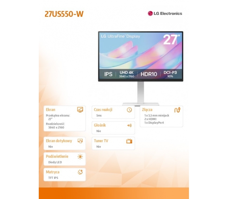 467800 Monitor 27" IPS LG Electronics 27US550-W.AEU 3840x2160 16:9 Biały