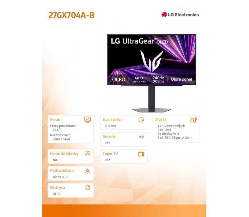 470687 Monitor 26.5" OLED LG Electronics 27GX704A-B 2560x1440 16:9 Czarny