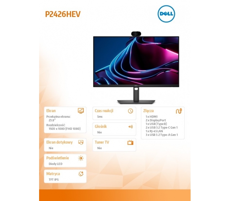 472187 Monitor 23.8" IPS Dell 210-BVHW 1920x1080  16:9 Czarny