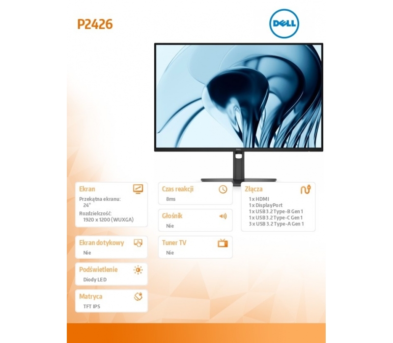 472222 Monitor 24" IPS Dell 210-BVJR 1920x1200  16:10 Szary