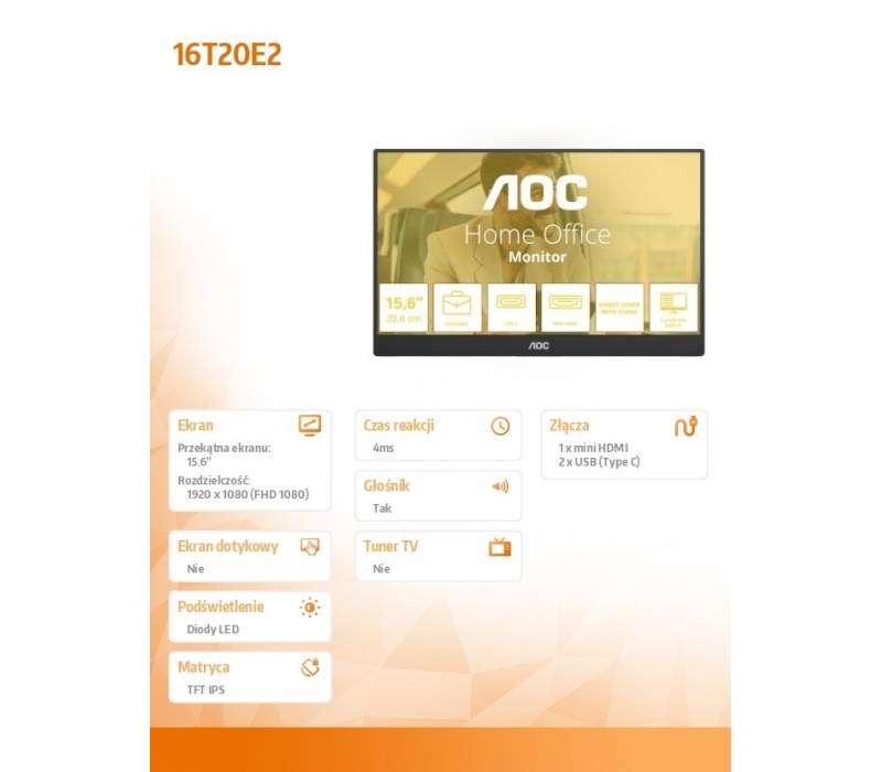 472777 Monitor 15.6" IPS AOC 16T20E2 1920x1080  16:9 Czarny