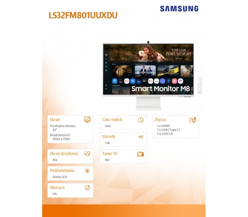 475468 Monitor 32" VA Samsung LS32FM801UUXDU 3840x2160 16:9 Biały