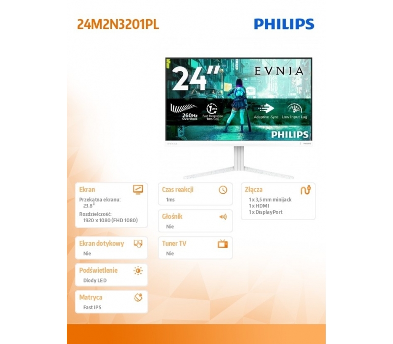 477250 Monitor 23.8" Fast IPS Philips 24M2N3201PL/00 1920x1080  16:9 Biały