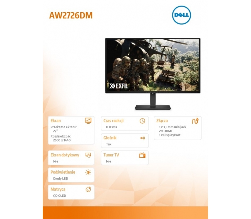 478893 Monitor 27" QD OLED Dell 210-BVWB 2560x1440 16:9 Czarny