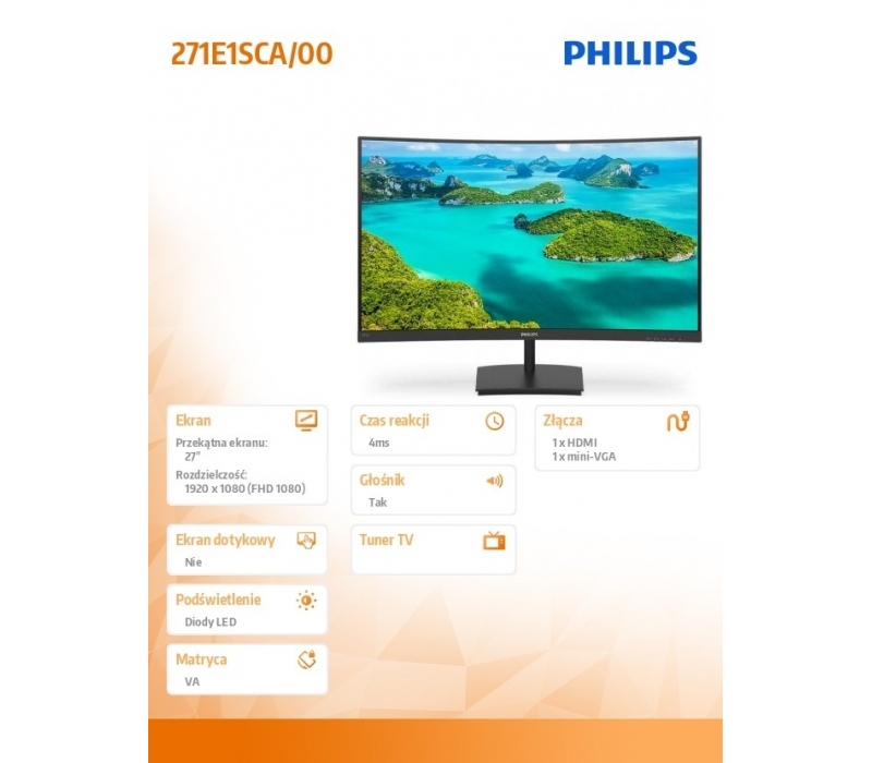 480117 Monitor 27" VA Philips 271E1SCA/00 1920x1080  16:9 Czarny