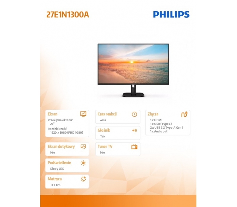 482902 Monitor 27" IPS Philips 27E1N1300A/00 1920x1080  16:9 Czarny